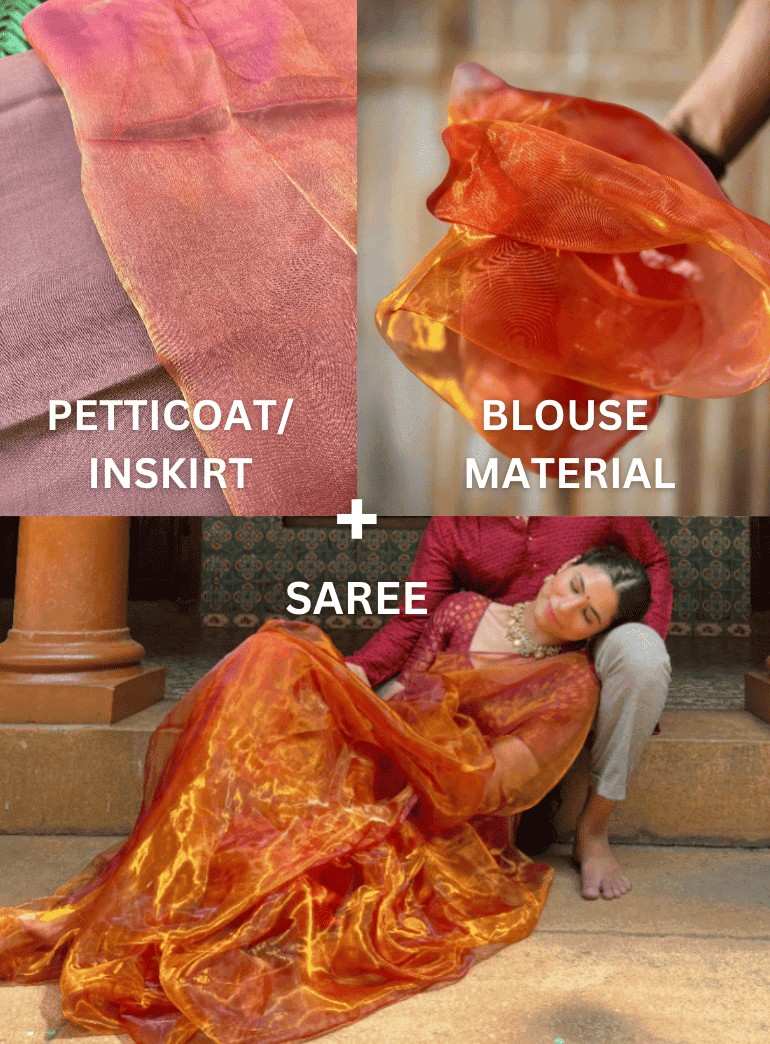 Glow under the sun saree, blouse and petticoat organza saree bundle perfect and easy for gifting and wearing
