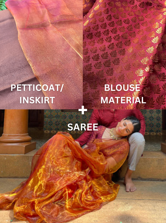 Glow under the sun saree, gold leaf pattern blouse and petticoat organza saree bundle perfect and easy for gifting and wearing
