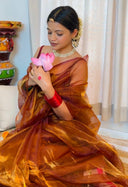 Woman wearing a glowing Gold Brown colours of organza saree 