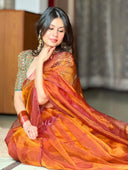 Woman wearing OG Honey Queen bee organza saree, colours of gold and brown, glowing under the sun