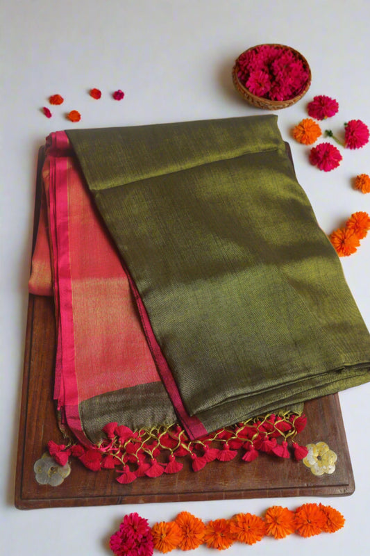 Dark Green - Pink Cotton Tissue Saree