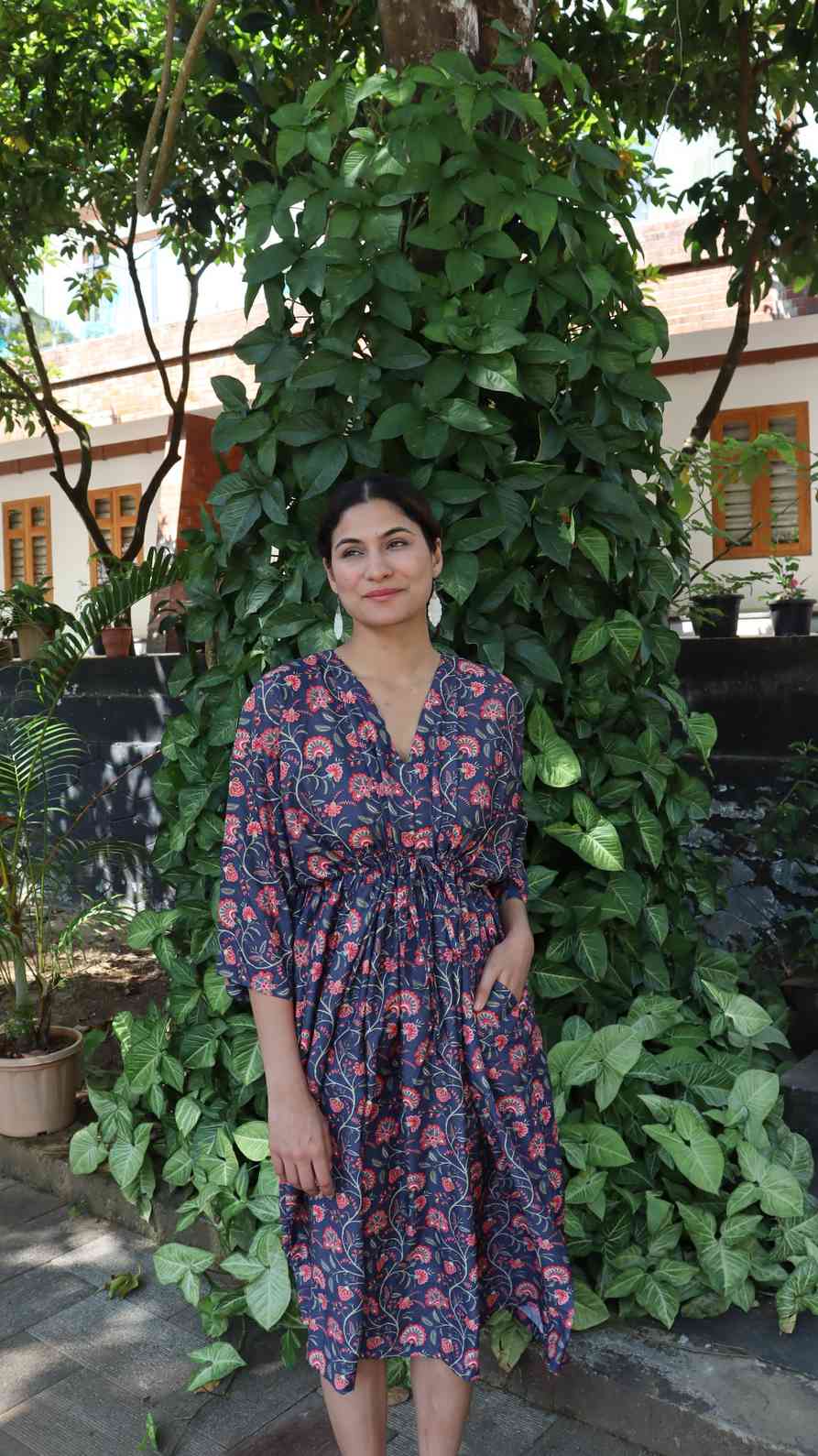 Free size rayon cotton summer dress with adjustable waist tie and two side pockets, shown in a comfortable relaxed fit.