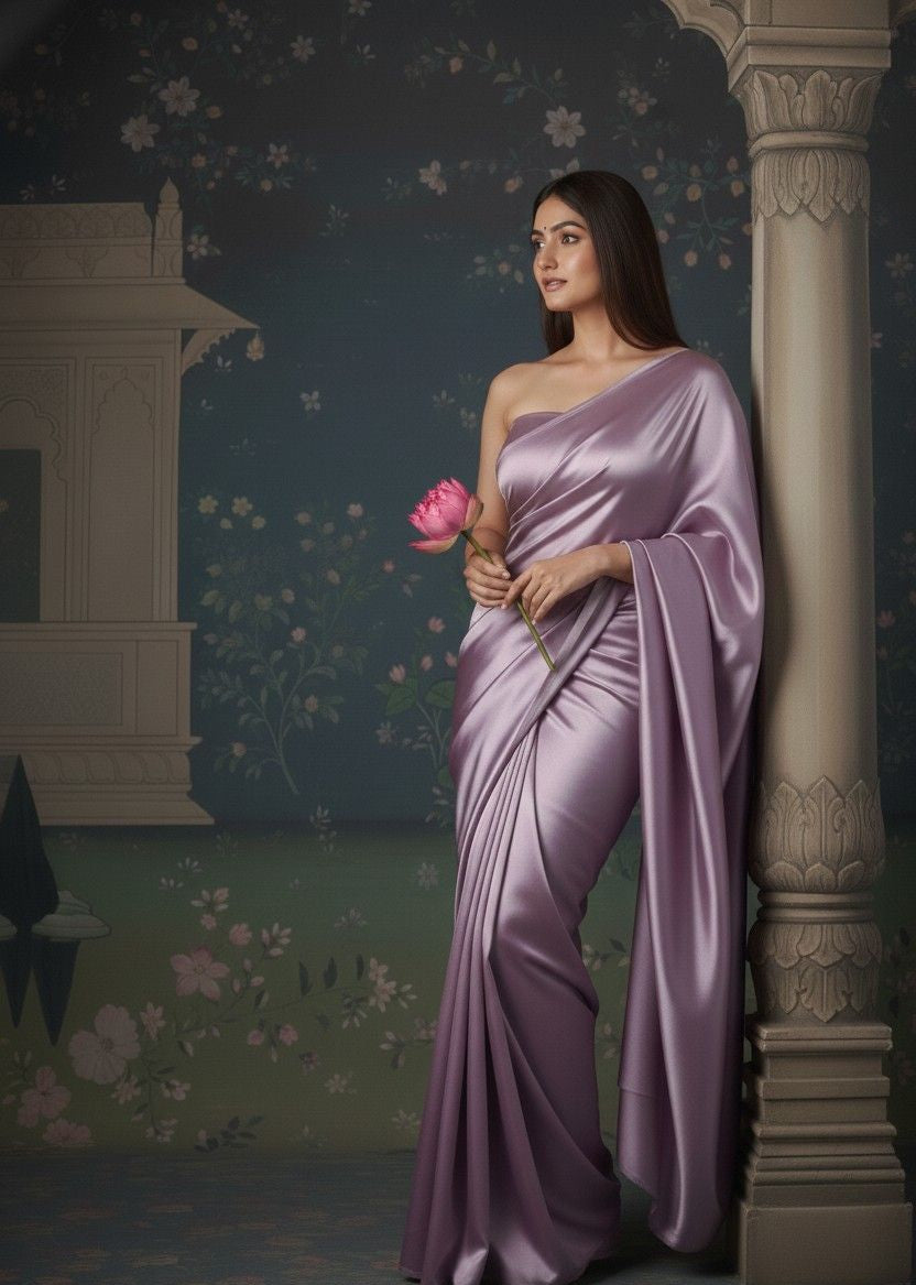Woman in a lavender saree holding a pink flower against a decorative wall.