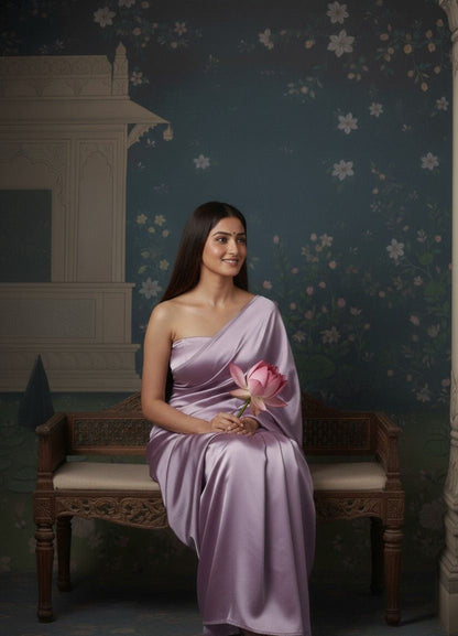 Woman in a lavender saree holding a pink flower, sitting on a wooden bench against a decorative wall, a minimal saree look.