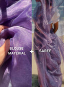 Purple fabric shown in close-up and as a saree with text indicating blouse material and saree.