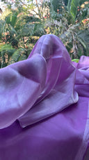 Close-up of Lavender Silver Organza Saree with a blurred natural background
