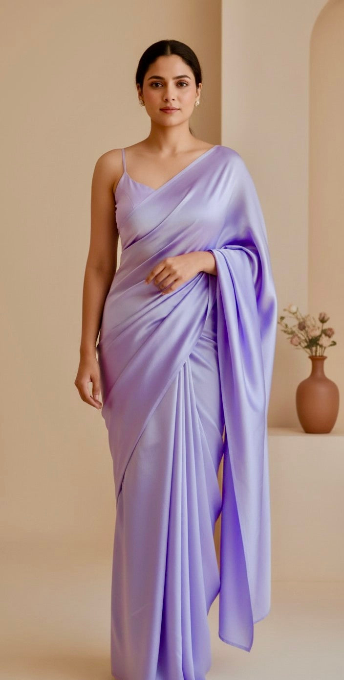 Shop Lilac Glow, a lavender satin saree with liquid shine and butter-soft drape. Includes matching blouse piece. Perfect for weddings and festive wear.