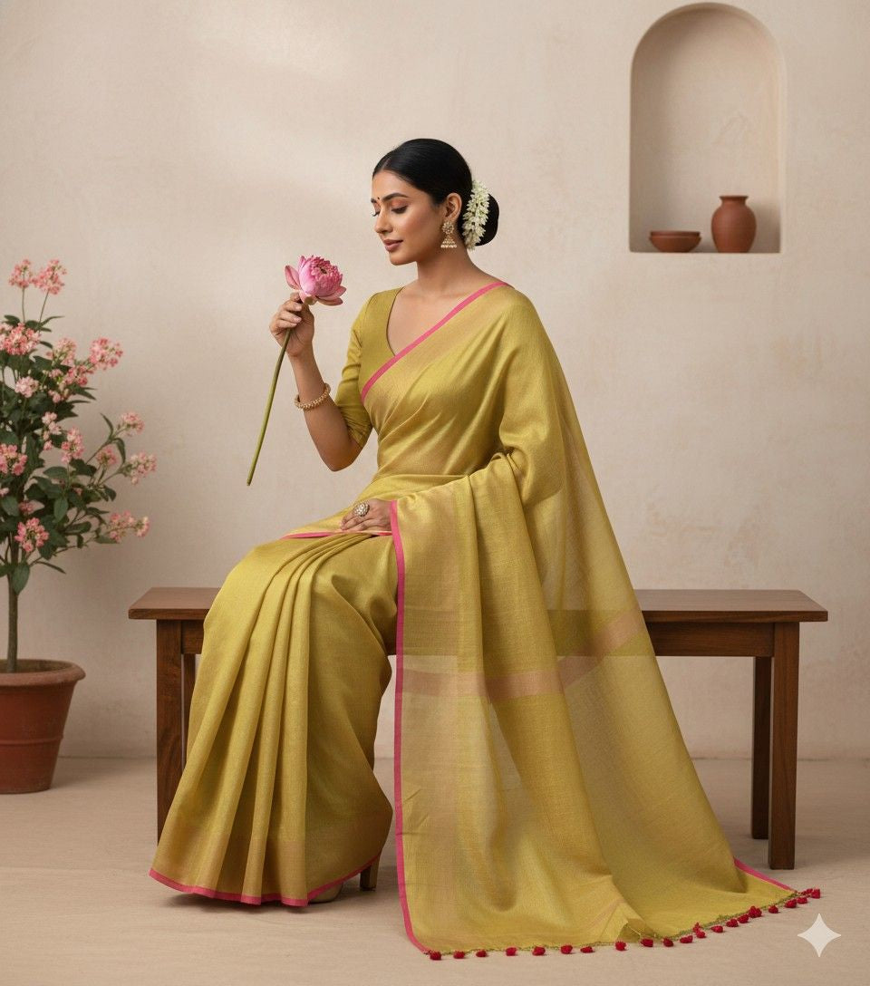 Woman in a yellow linen saree with pink border holding a flower, sitting on a wooden bench.