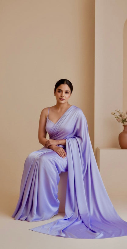 Woman wearing Lilac Glow, a lavender satin saree with liquid shine and butter-soft drape. Includes matching blouse piece. Perfect for weddings and festive wear.