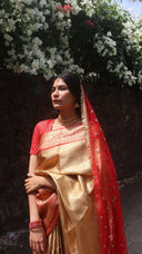 Woman in Molten Gold Tissue Saree standing outdoors.