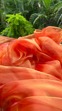 Close up of Orange organza saree under the sun, shining beautifully