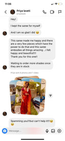 Text conversation with a user expressing satisfaction with organza  saree purchase, including images of the saree.