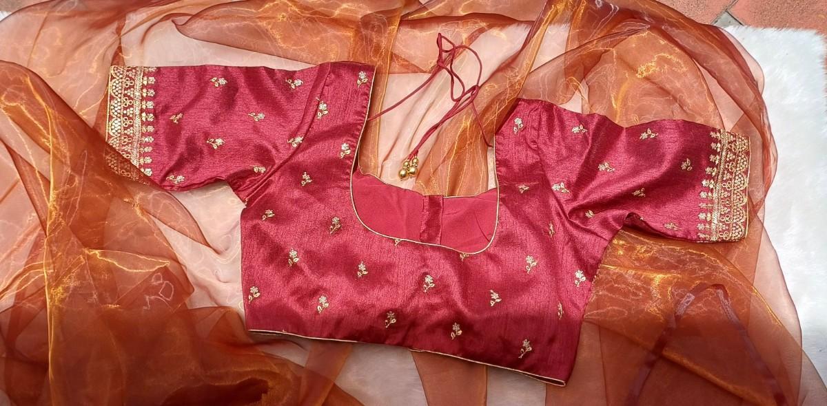 Anaira blouse- maroon with extravagant sleeve gold embroidery work and gold floral pattern