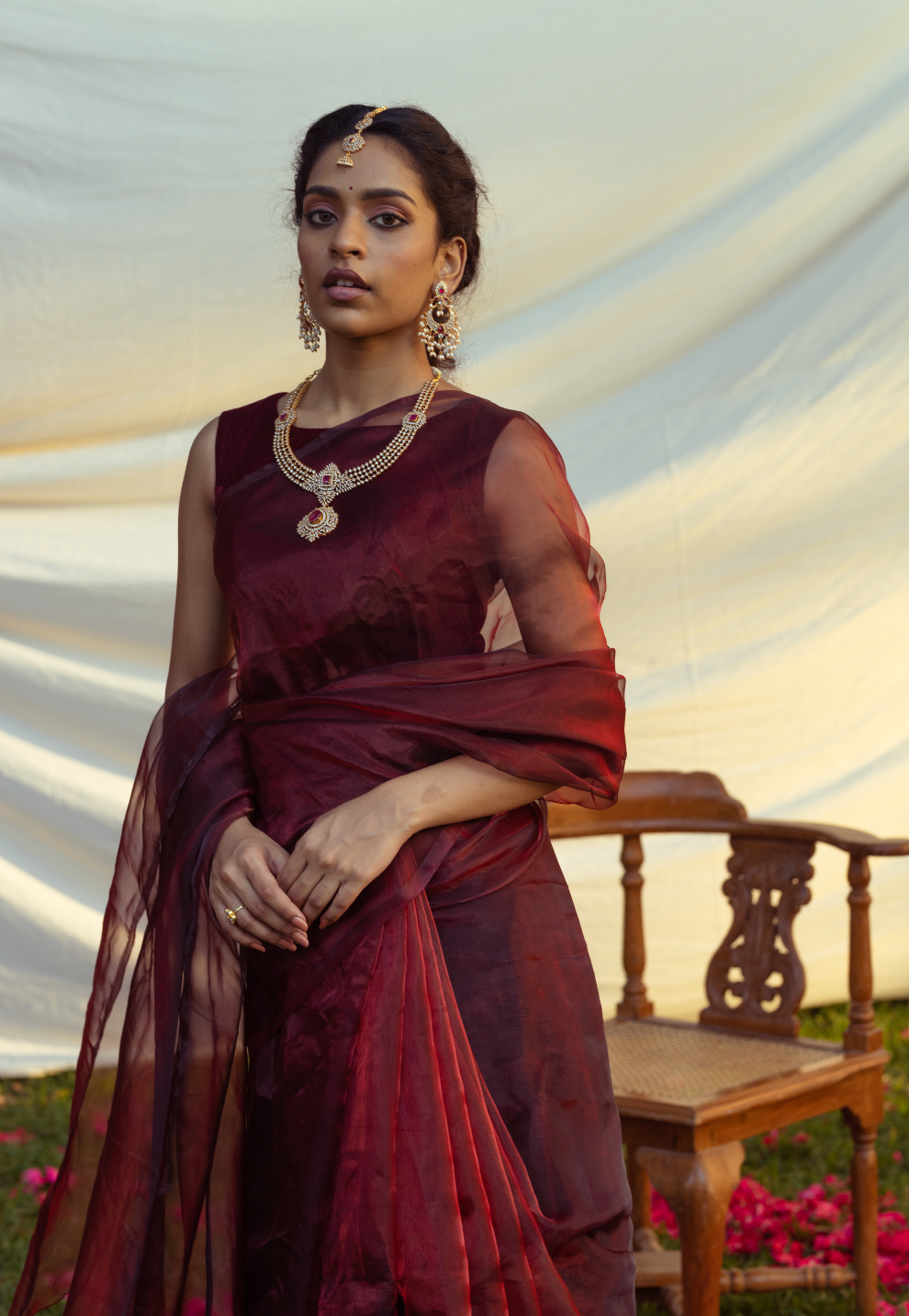 Blood Red Semi Organza Saree