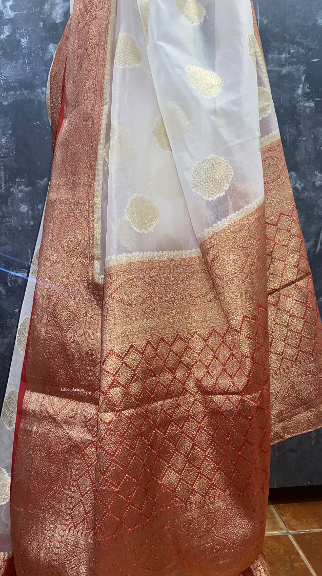 Exclusive: White & Red Banarasi Organza Saree