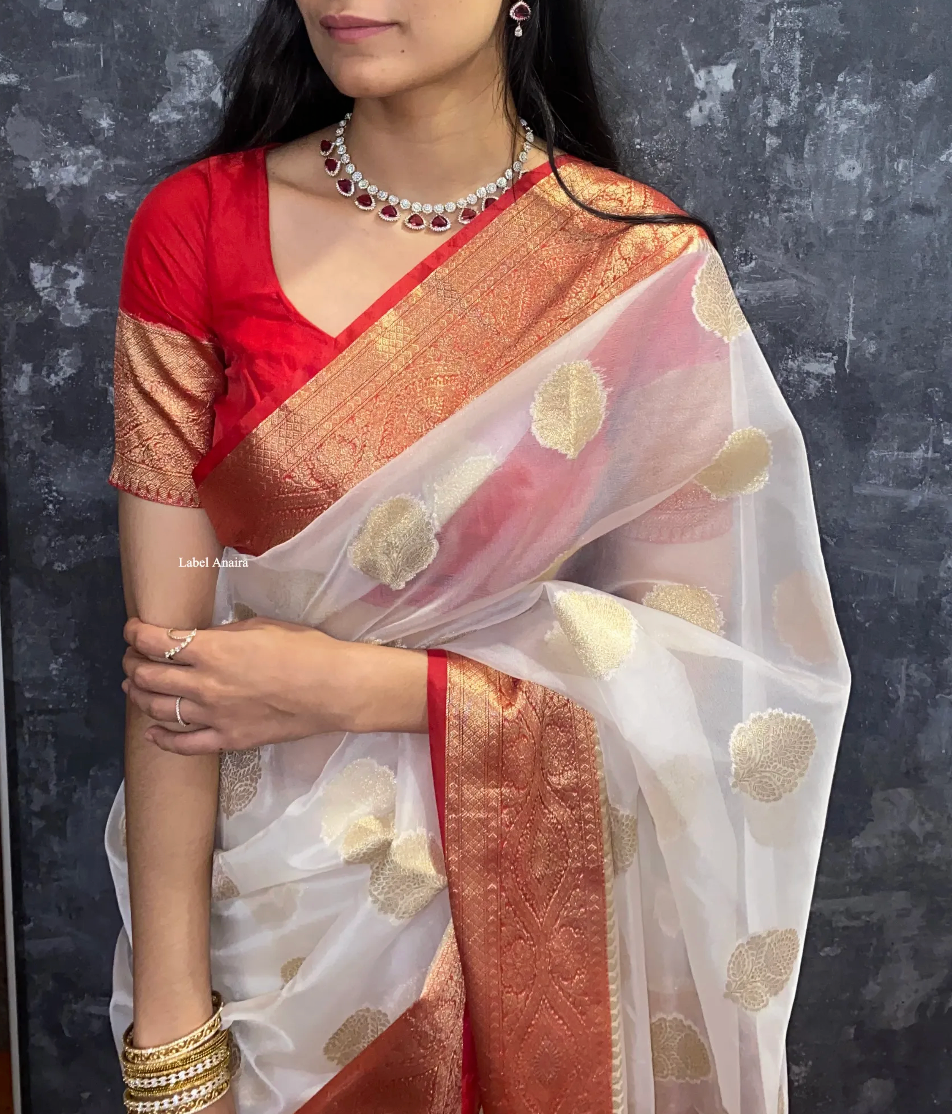 Exclusive: White & Red Banarasi Organza Saree