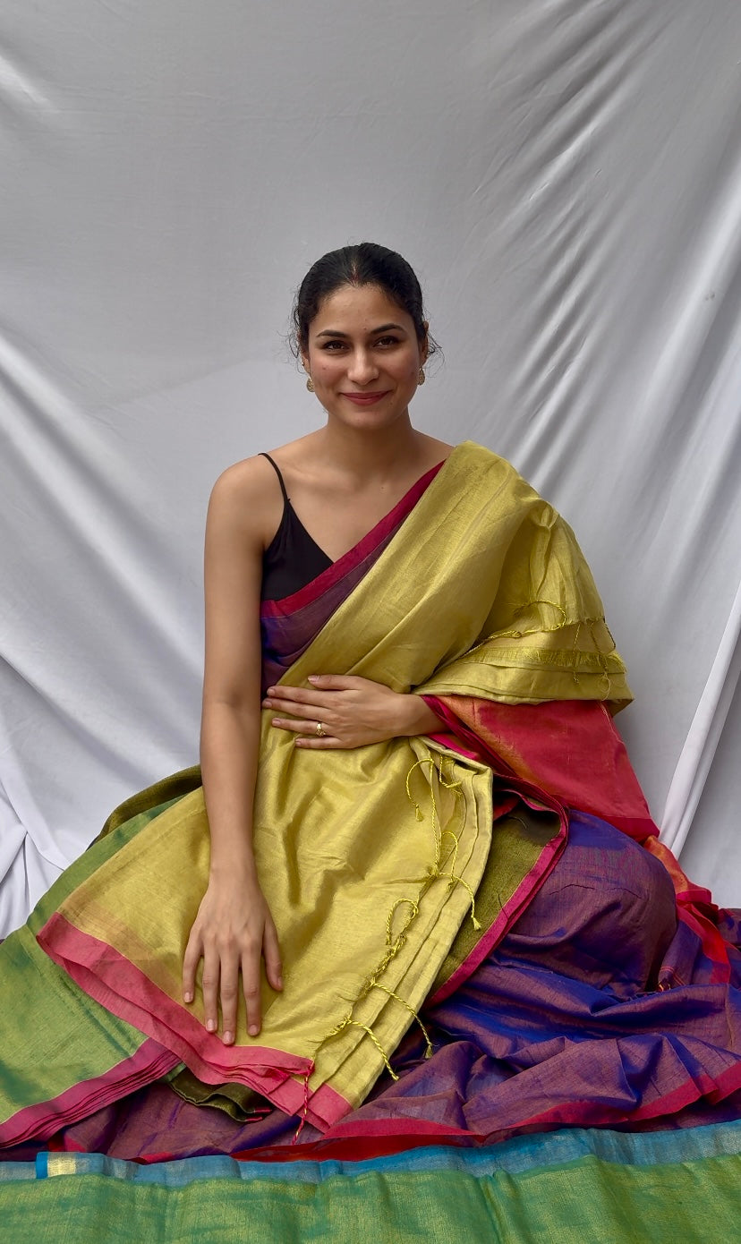 Lime - Pink Linen Tissue Saree