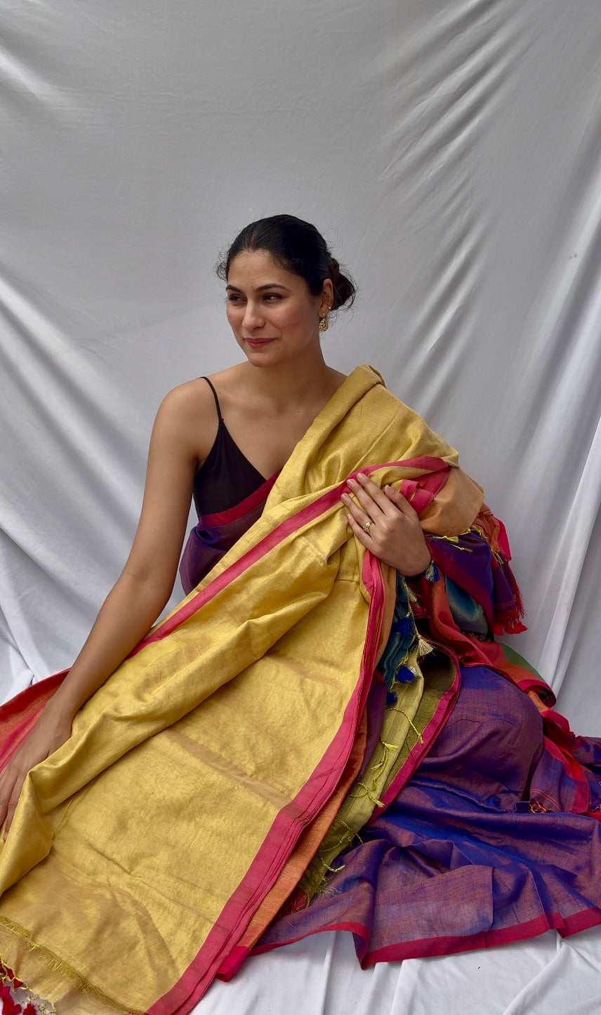 Lime - Pink Linen Tissue Saree