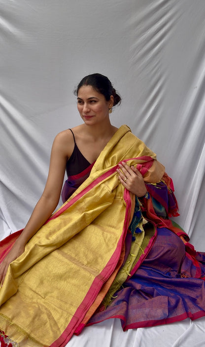 Lime - Pink Linen Tissue Saree