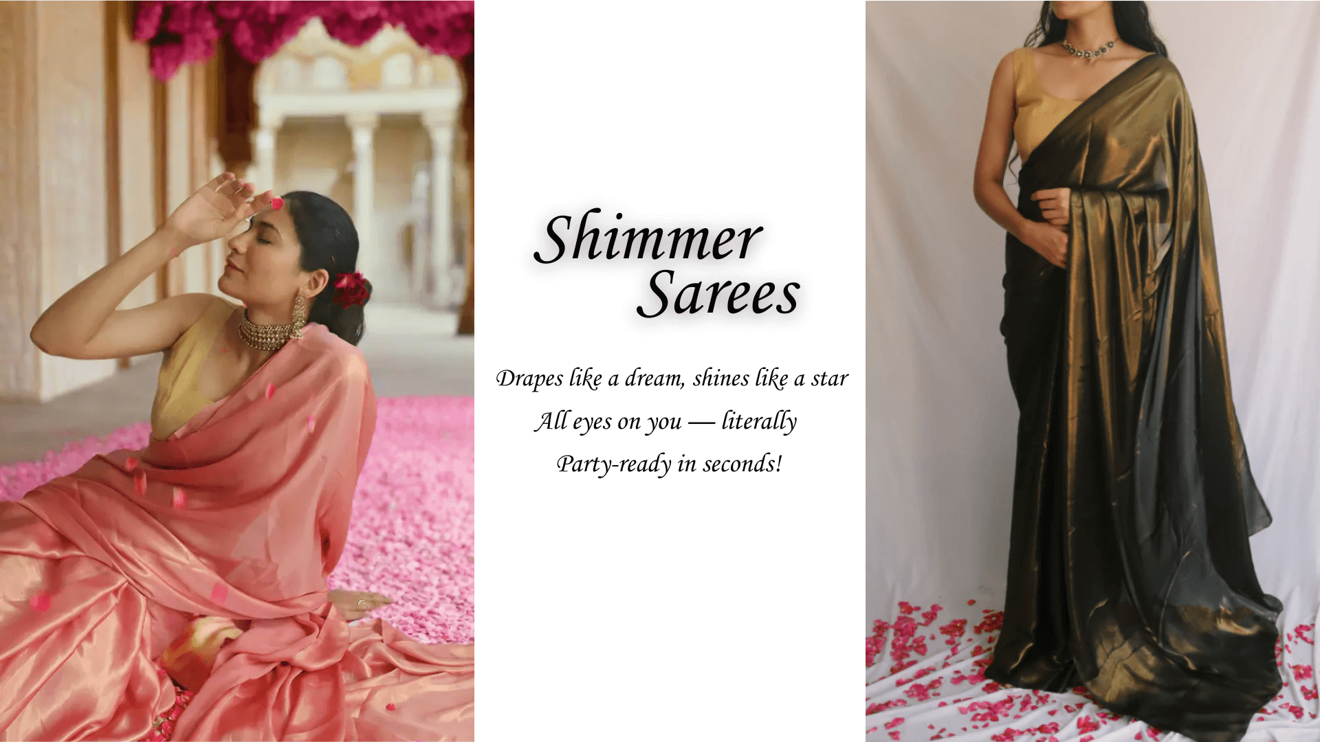 Flowy Satin Shimmer Saree on woman pink and black saree