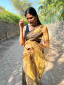 The Glimmering Shadows Black Gold Organza Saree elegantly displayed, showcasing its stunning color combination.