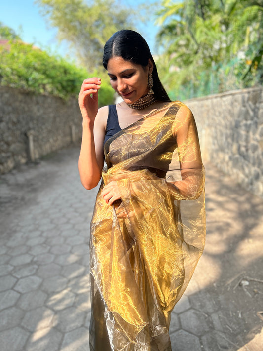 The Glimmering Shadows Black Gold Organza Saree elegantly displayed, showcasing its stunning color combination.
