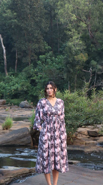 Side profile of the Twilight Marble Crepe Dress highlighting its relaxed fit, lightweight crepe fabric, and flattering fall suitable for plus-size and free-size wear.