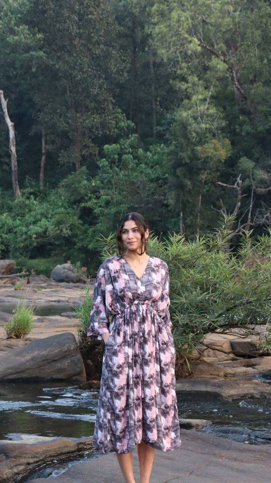 Side profile of the Twilight Marble Crepe Dress highlighting its relaxed fit, lightweight crepe fabric, and flattering fall suitable for plus-size and free-size wear.