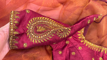 Side profile of Sitara Paisley Blouse showing its sleeveless cut and intricate gold paisley detailing on the sleeves. The combination of thread and stone work adds refined elegance without heavy embroidery, ideal for weddings, receptions, and festive events