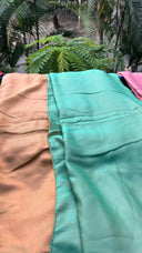 Close-up of fTeal green and Mango Reversible Saree stylized against a blurred natural background.