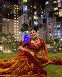 Actress and influencer Suku wearing organza saree in colours of gold and brown