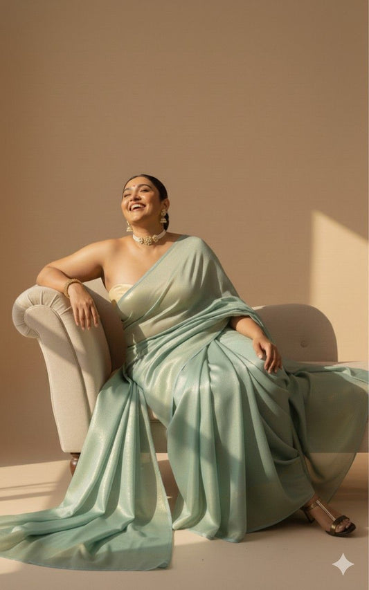 Teal satin silk saree with gold shimmer shine and fluid drape