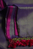 Unique Shade of Purple Linen Tissue Saree fabric with pink border and red floral details