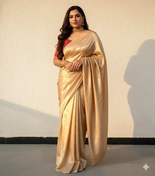 Woman wearing a gold saree shining under sunlight with a contrast red blouse against a plain white textured background