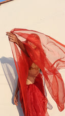 Drape view of the A Scandal Worth Wearing Scarlet Organza Saree by Label Anaira showcasing the flowing lightweight organza fabric and elegant scarlet red colour.