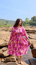 Full length purple floral crepe dress with flowy fit