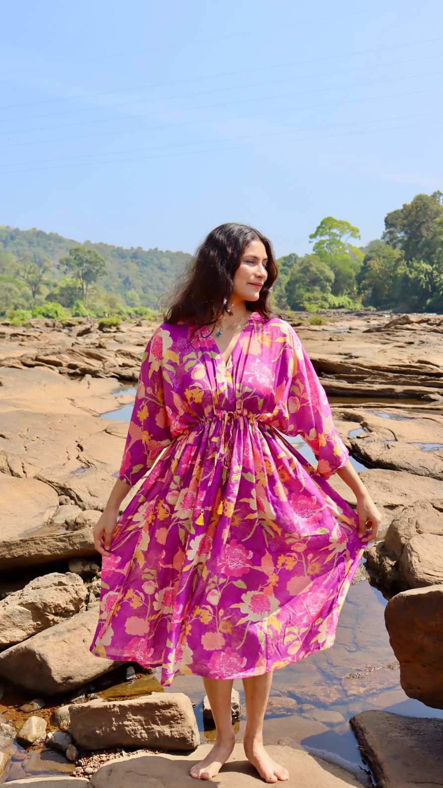 Full length purple floral crepe dress with flowy fit