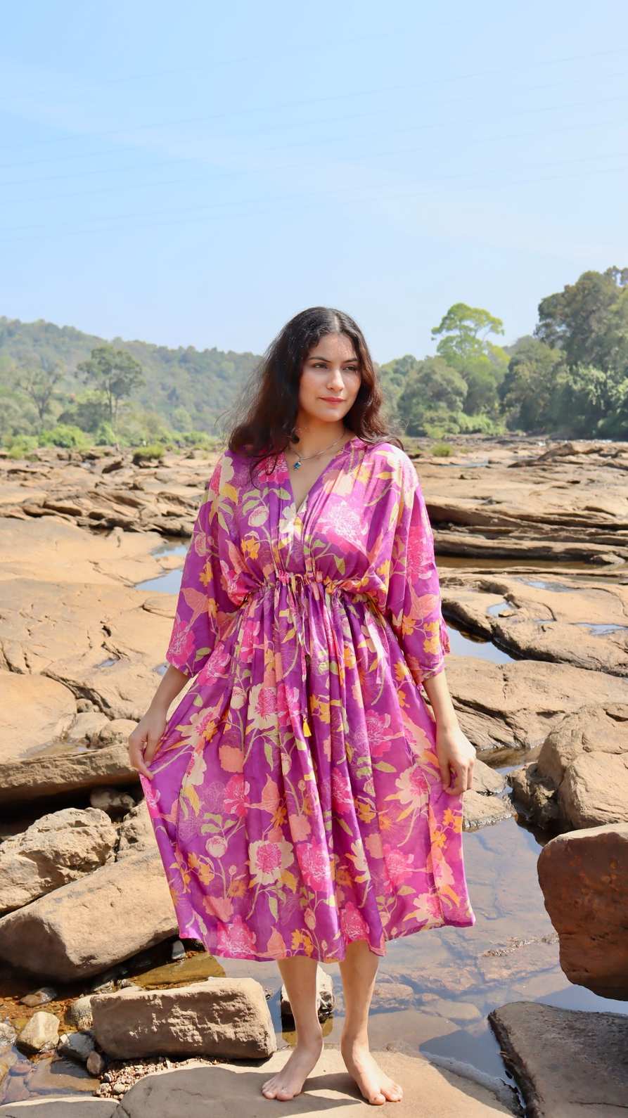 Purple floral crepe free size dress with pockets for women