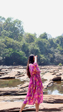 Wide view of Purple floral crepe free size dress with pockets for women