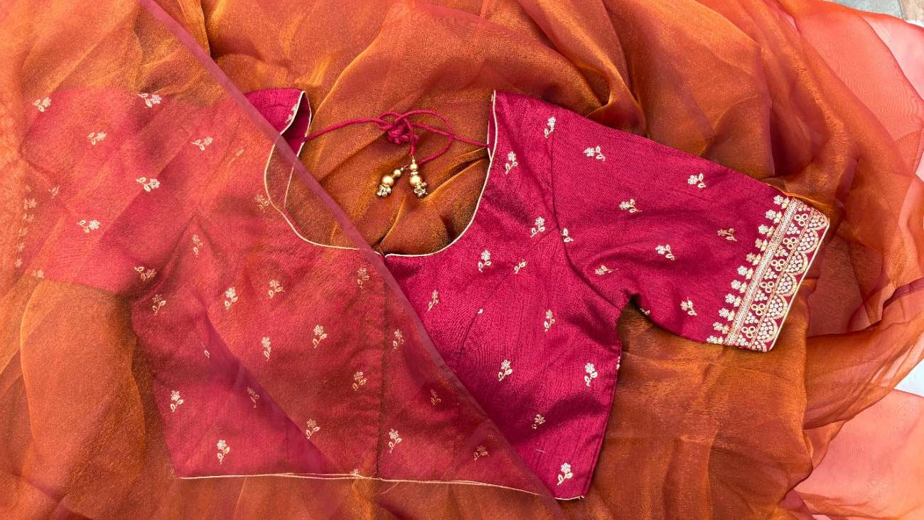 Anaira blouse- maroon with extravagant sleeve gold embroidery work and gold floral pattern