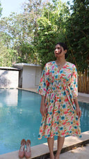 Full length blue floral rayon dress with relaxed fit