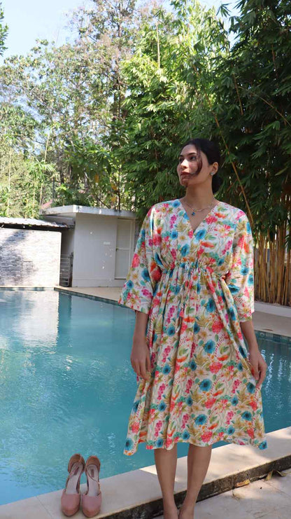 Full length blue floral rayon dress with relaxed fit