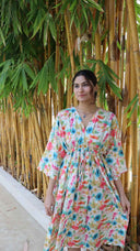 Blue and peach floral rayon free size dress with pockets for women