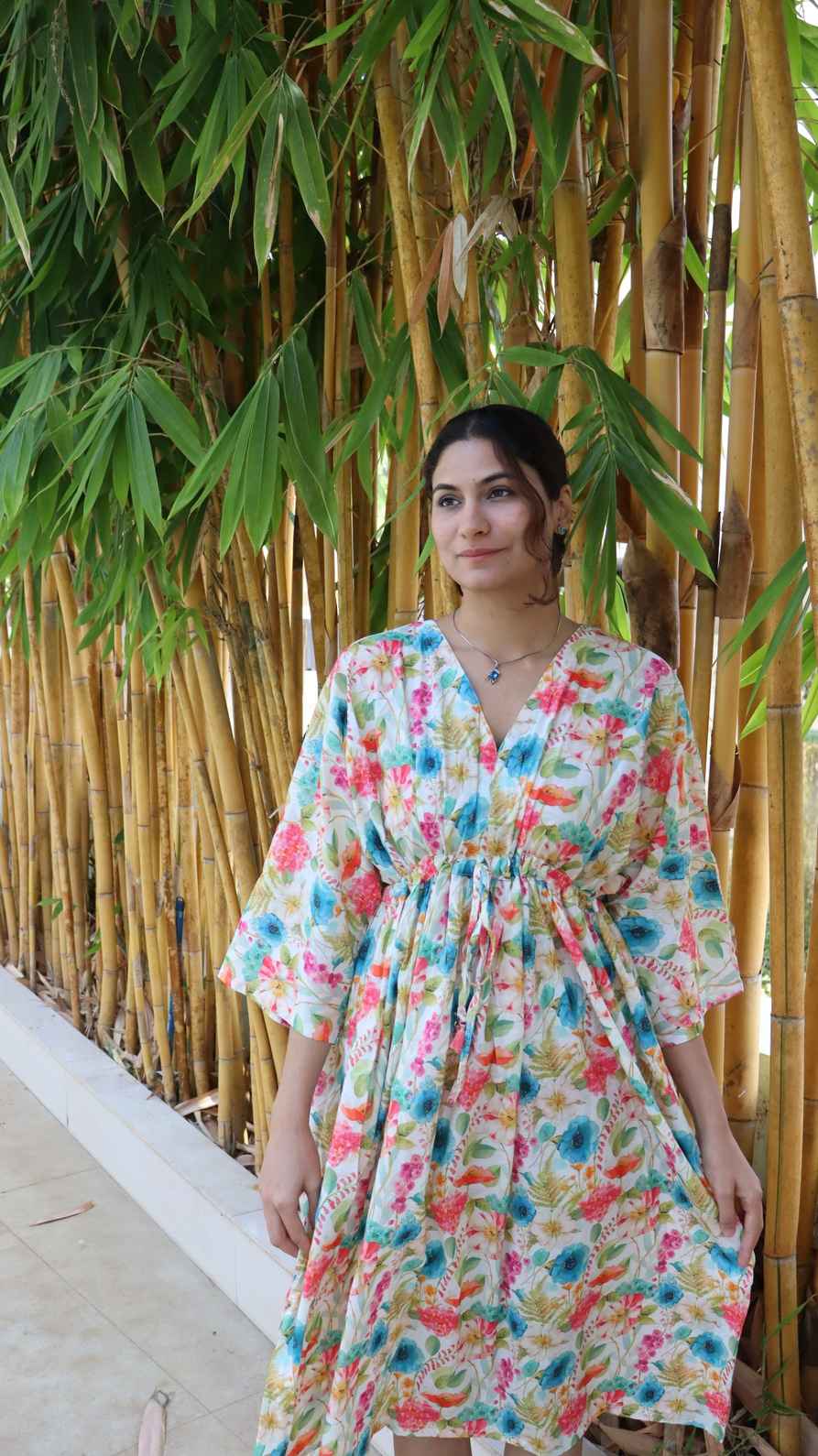 Blue and peach floral rayon free size dress with pockets for women