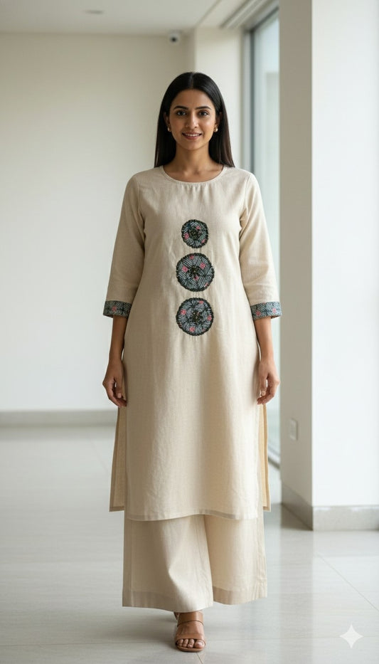 Ivory kurta and wide-leg pant co-ord set for women, relaxed fit