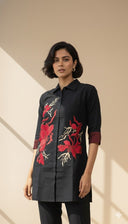black iris black co-ord set with red floral embroidery front view