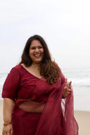 Front view of Blood Red Organza Saree with matching blouse — luxury wedding guest saree by Label Anaira