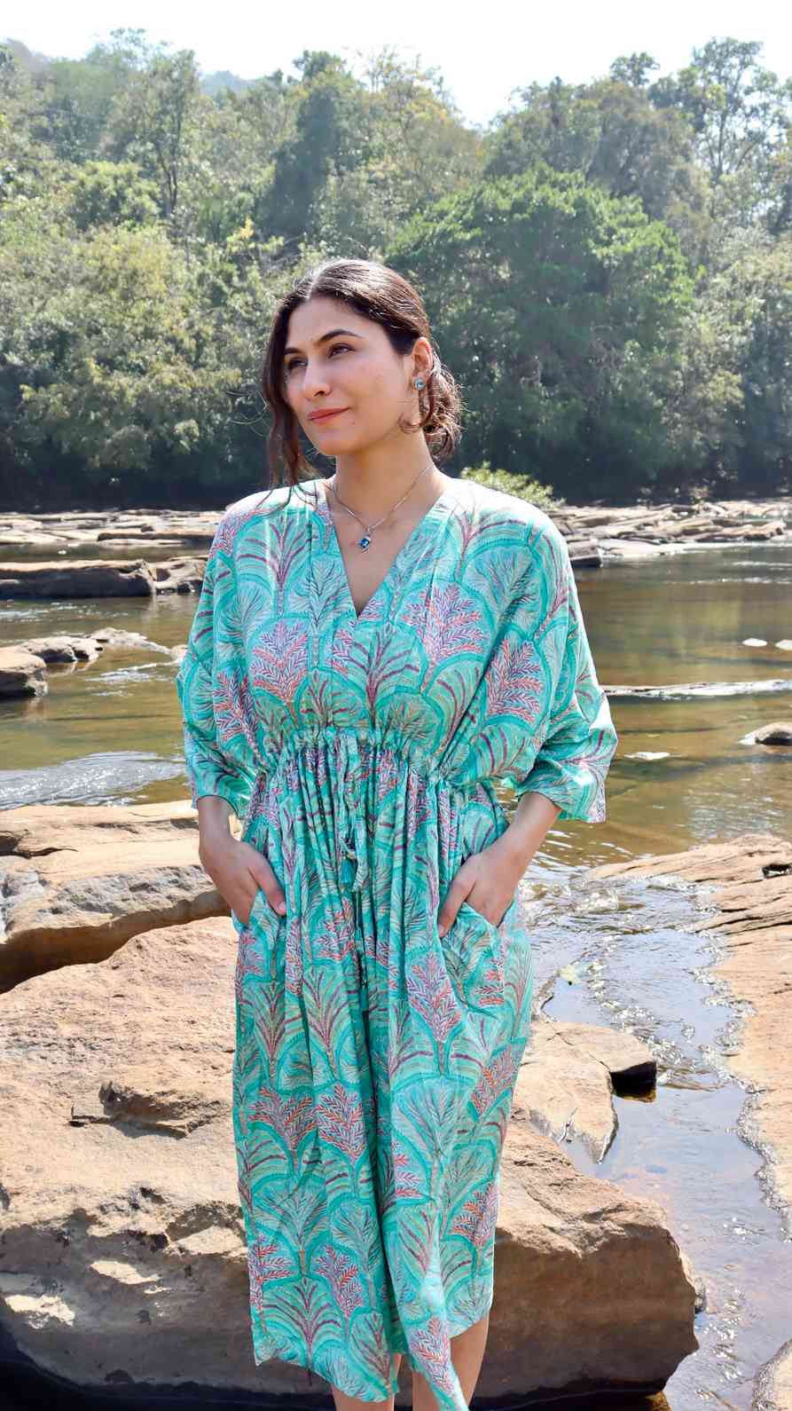 Coastal fern print rayon free size dress with pockets for women