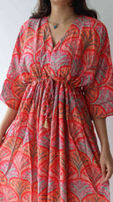 Adjustable waist tie on coral fern printed rayon dress