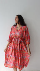 Coral fern print rayon free size dress with pockets for women